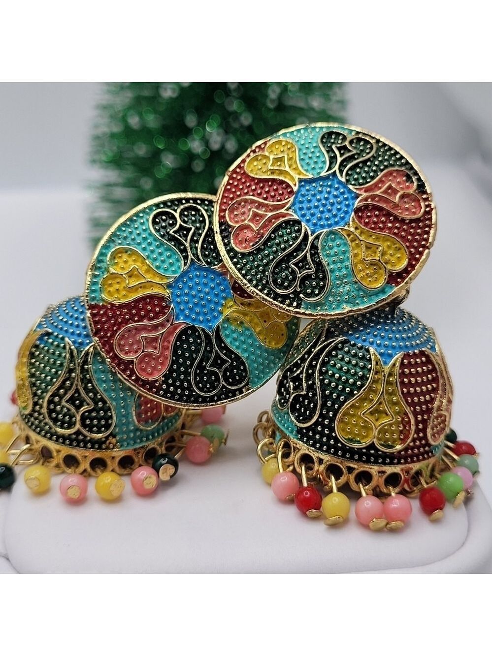 ✨2/$10✨ Gold Jhumki Earrings with Multicolor Beads Ethnic Statement Jewelry - Picture 6 of 11